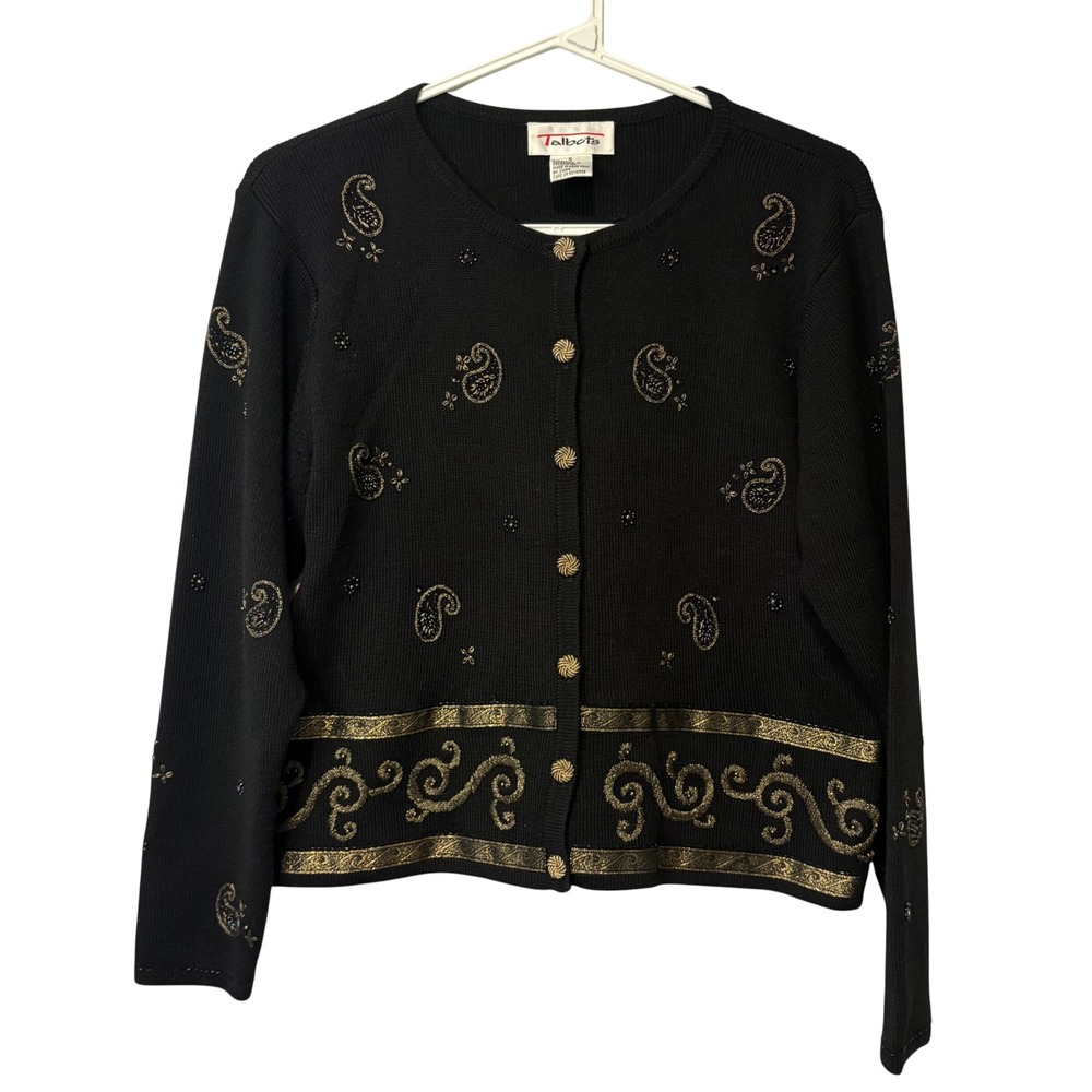 Vtg Talbots Cardigan Sweater Womens S Black Gold Metallic Paisley Beaded Wool